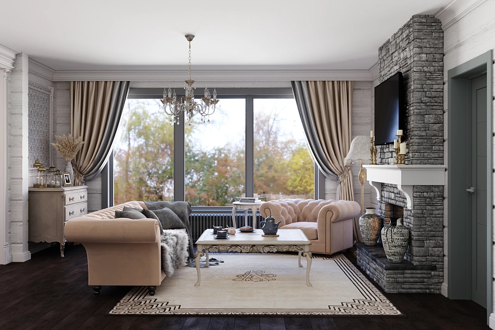 Дизайн гостиной-столовой загородного дома