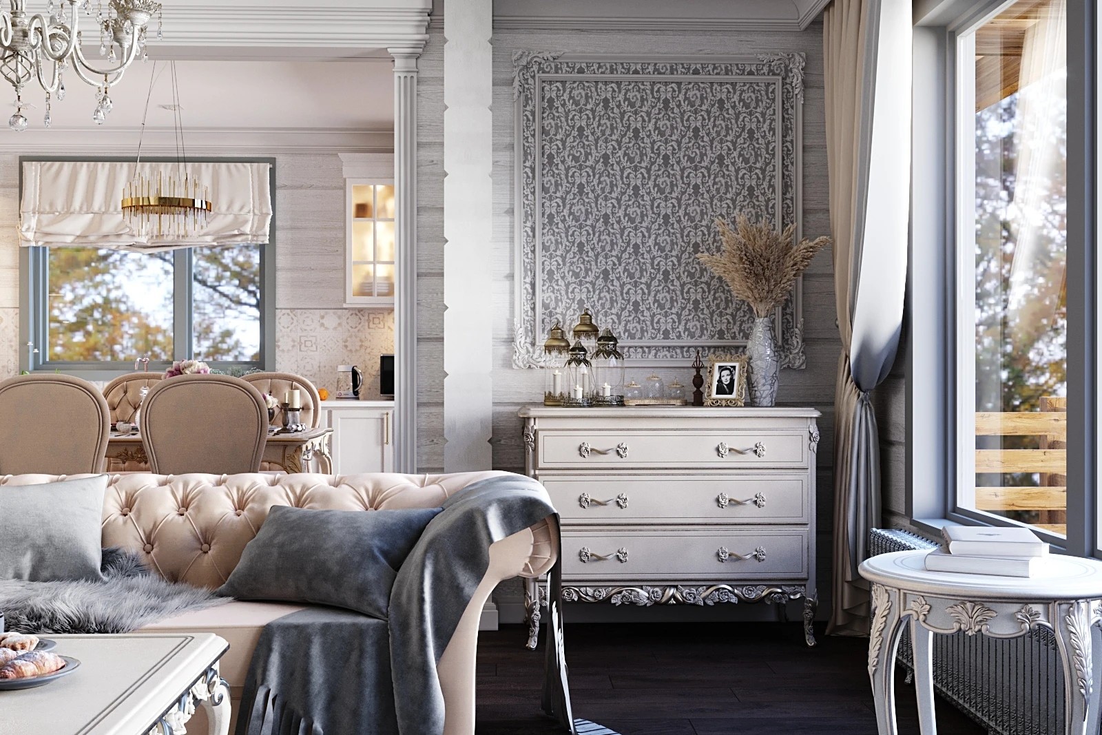 Дизайн гостиной-столовой загородного дома