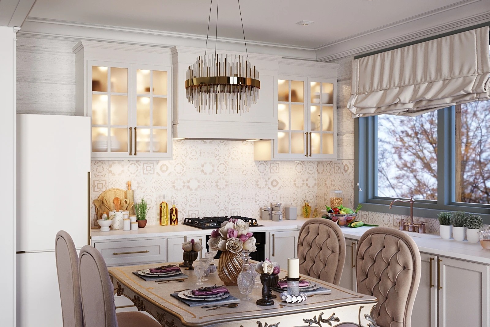 Дизайн гостиной-столовой загородного дома