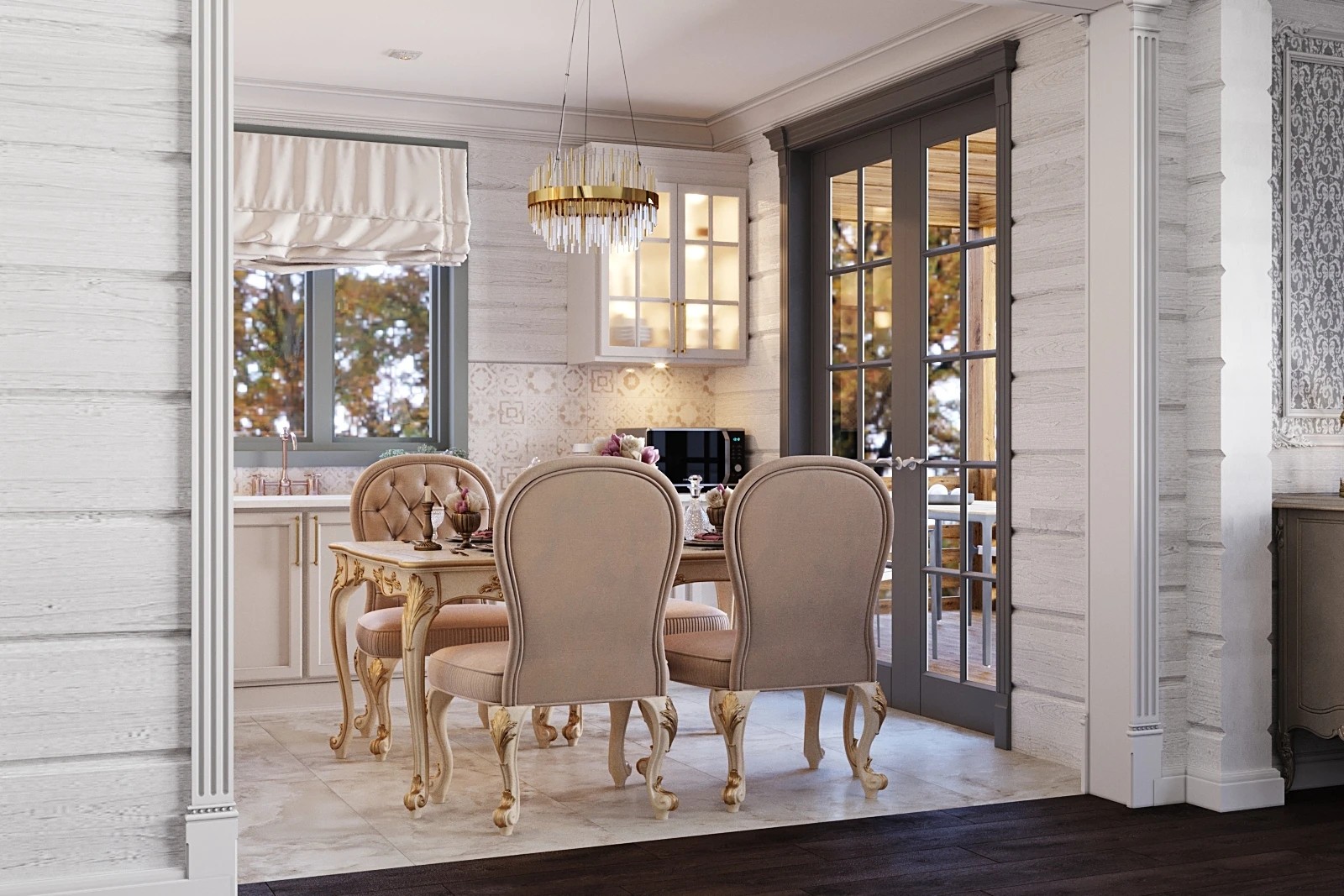 Дизайн гостиной-столовой загородного дома