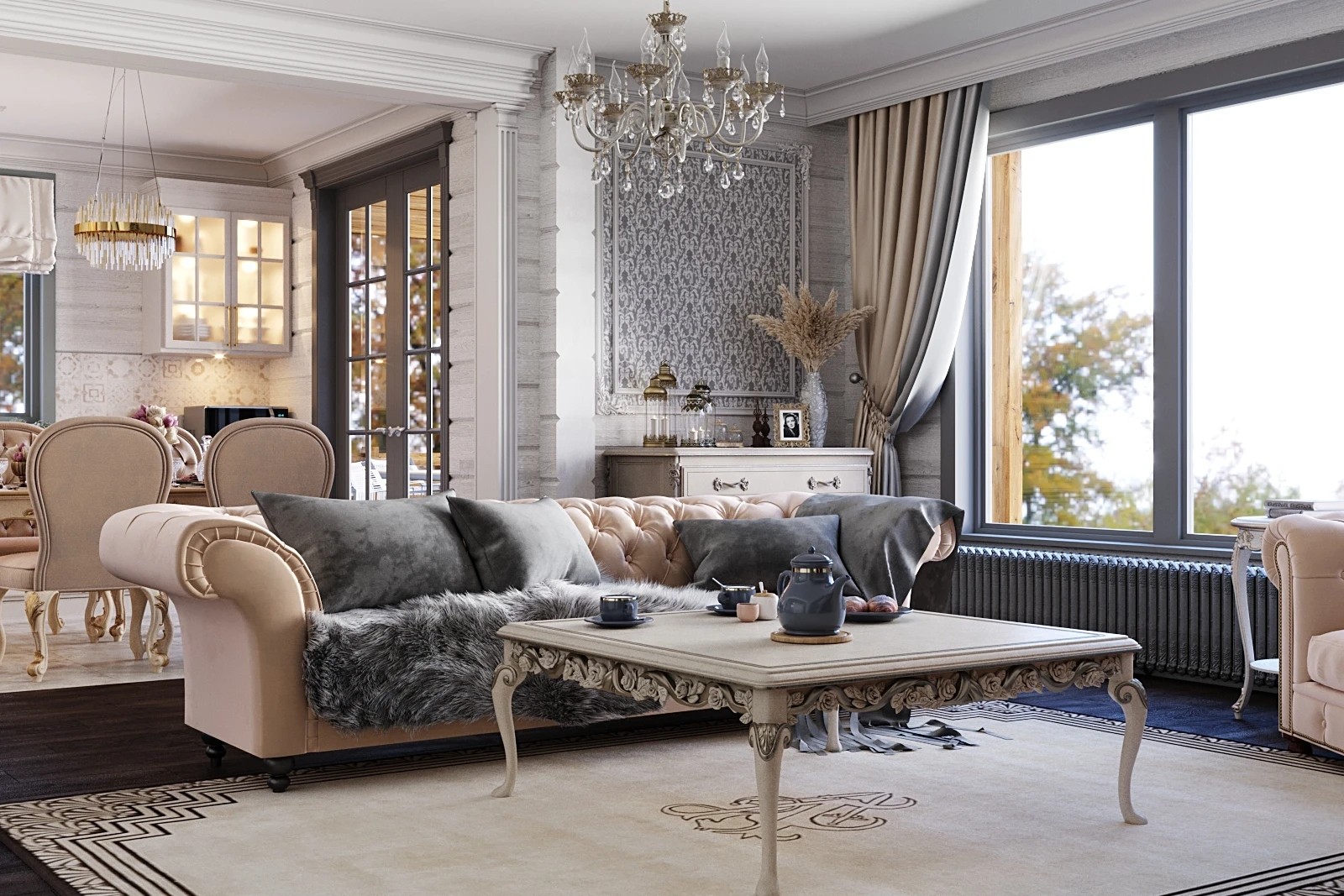 Дизайн гостиной-столовой загородного дома