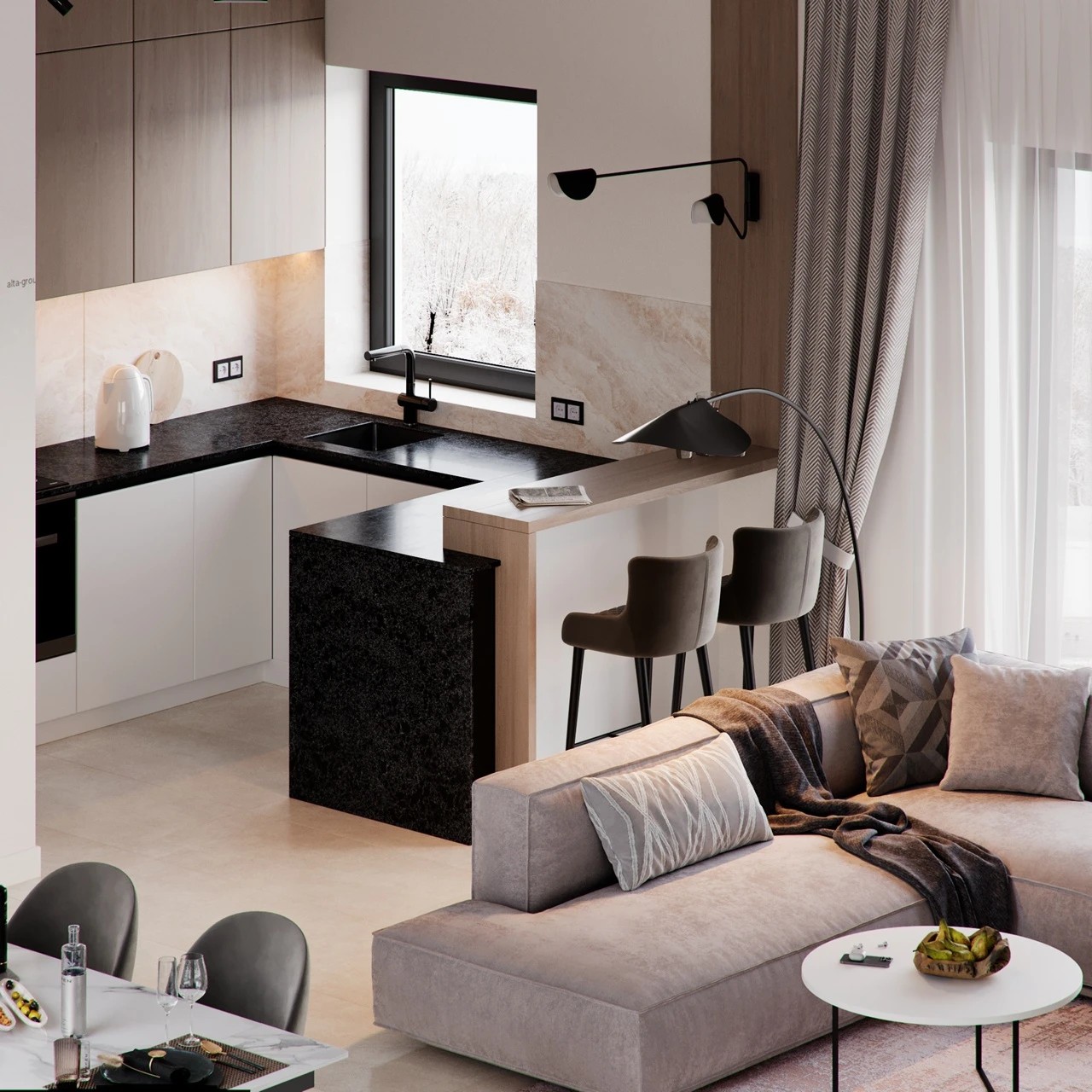 Кухня-гостиная частного дома.