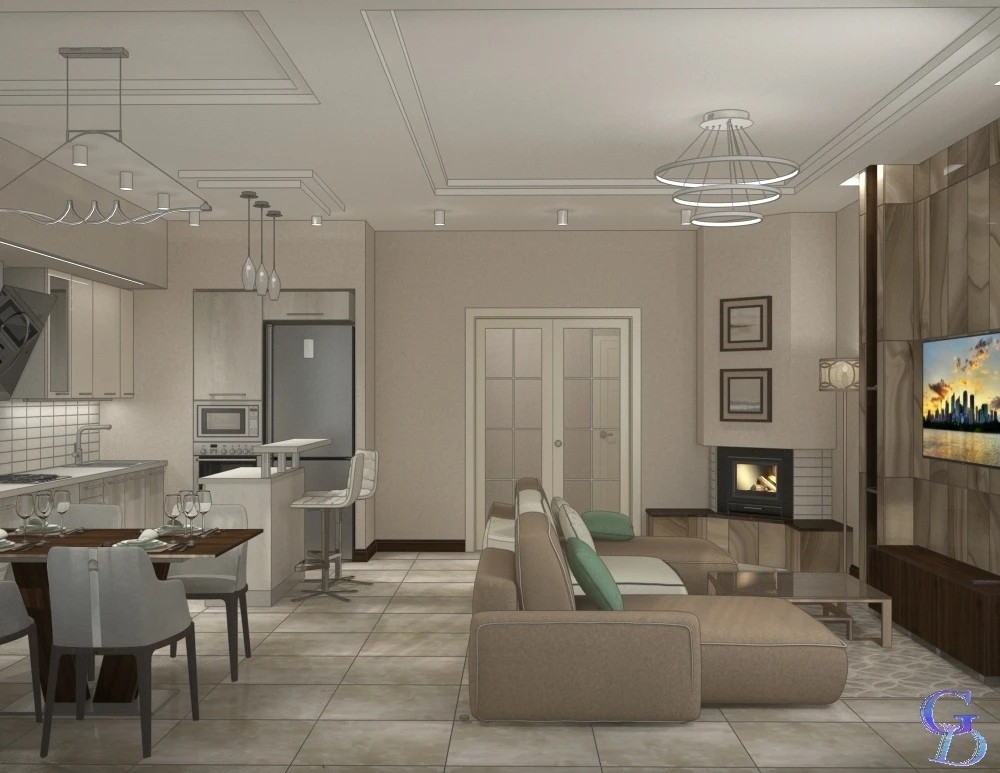 Дизайн-проект гостиной в загородном таунхаусе