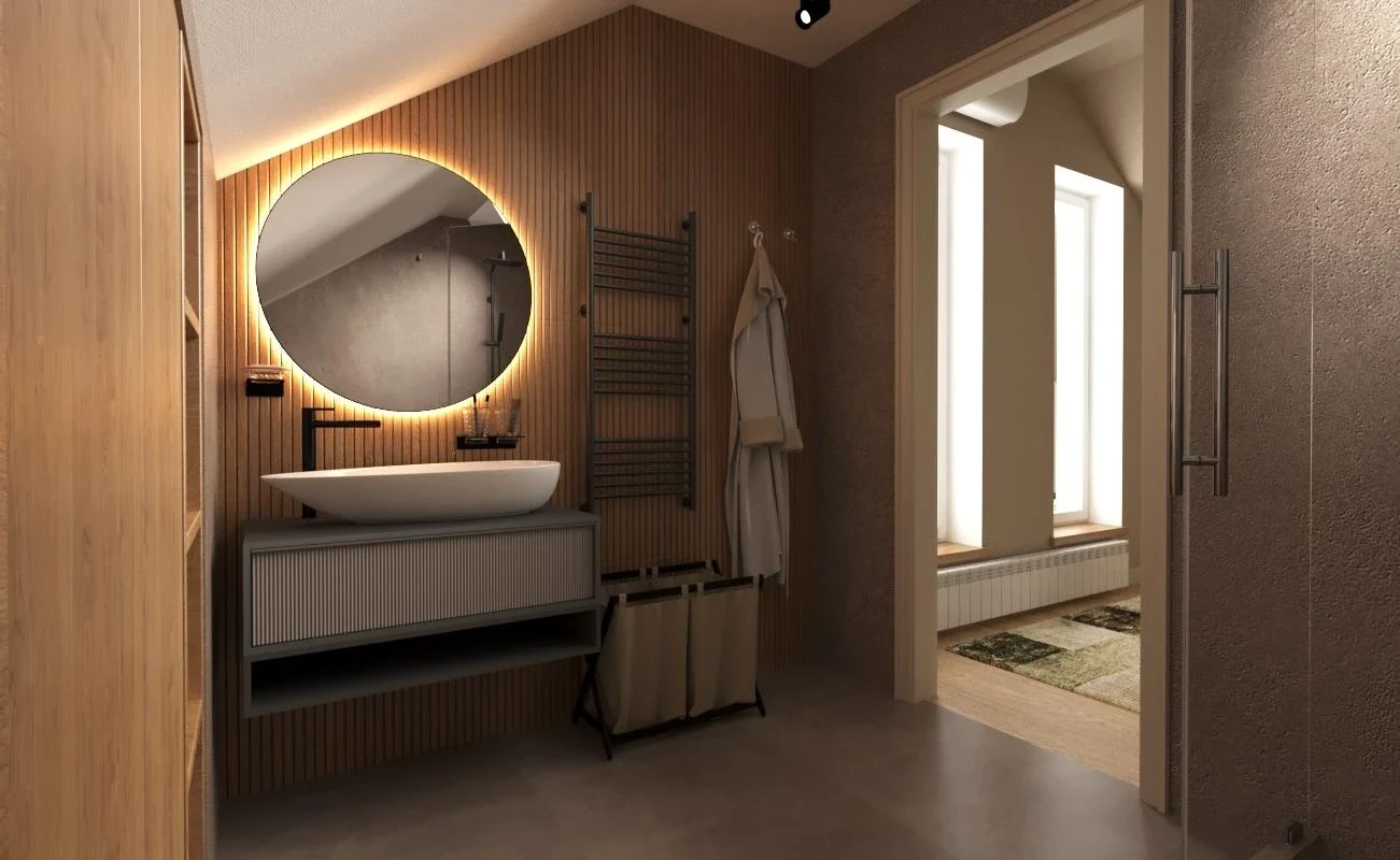 Интерьер мансардного этажа в загородном доме в Подмосковье