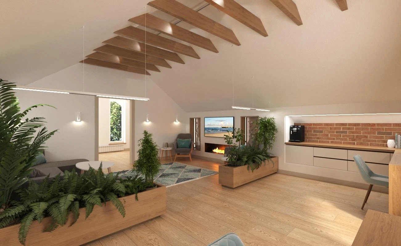 Интерьер мансардного этажа в загородном доме в Подмосковье