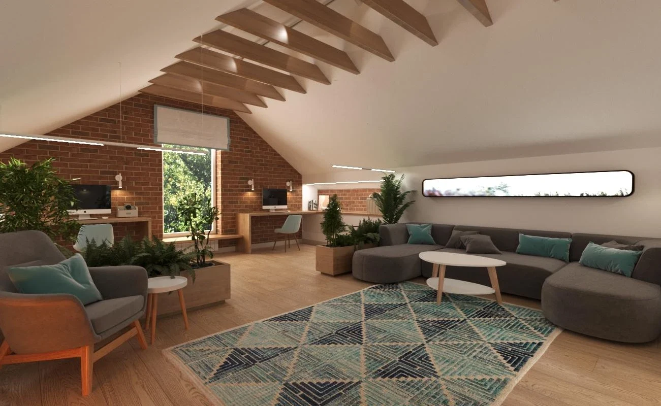 Интерьер мансардного этажа в загородном доме в Подмосковье