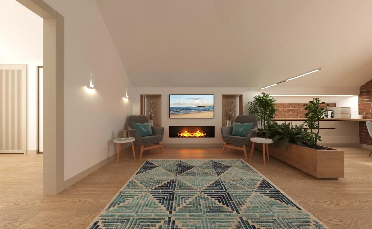 Интерьер мансардного этажа в загородном доме в Подмосковье