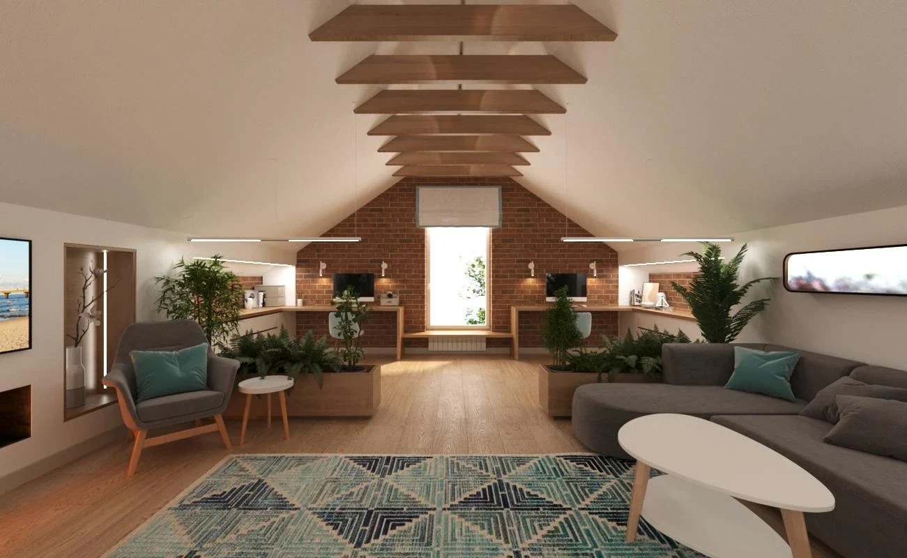 Интерьер мансардного этажа в загородном доме в Подмосковье