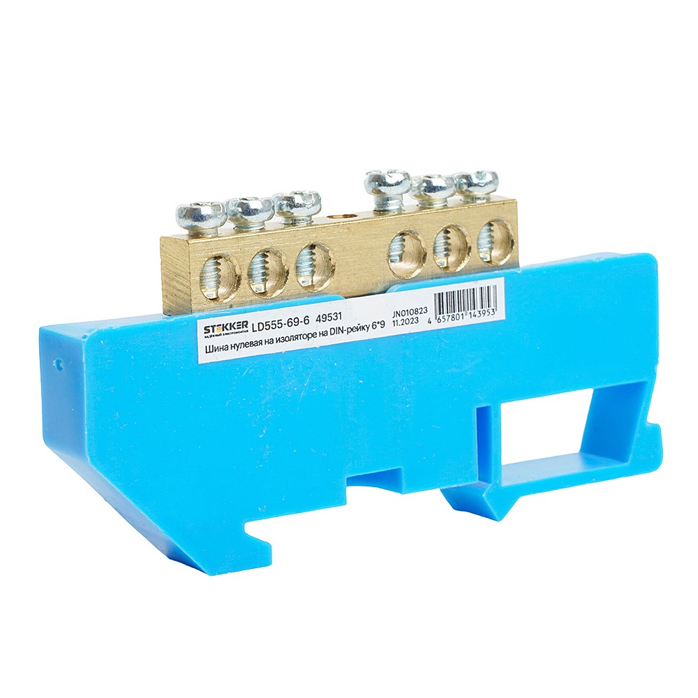 Шина N на изоляторе 6*9 на DIN-рейку 6 выводов Stekker LD555-69-6 49531
