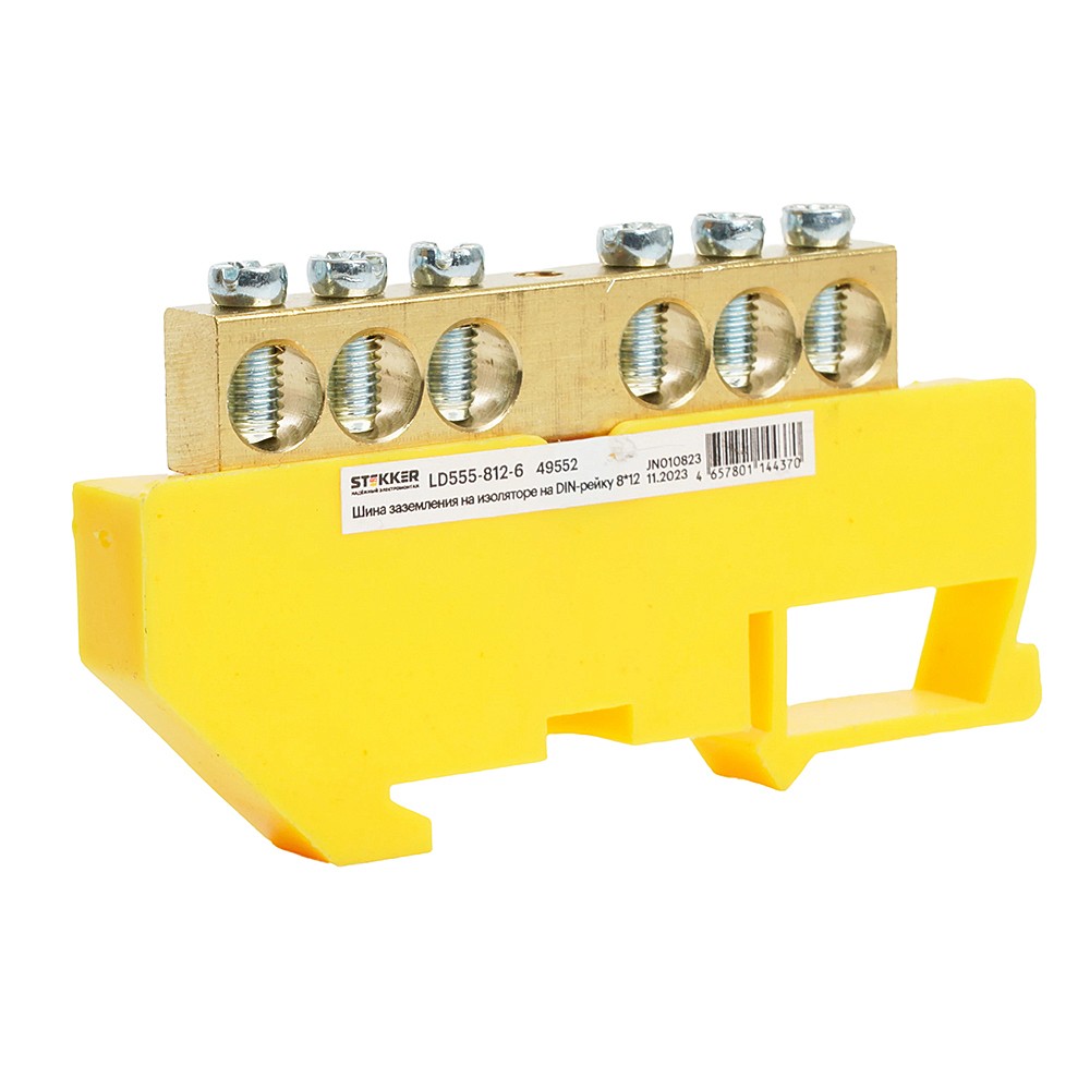 Шина PE на изоляторе 8*12 на DIN-рейку 6 выводов Stekker LD555-812-6 49552