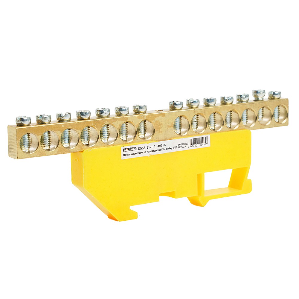 Шина PE на изоляторе 8*12 на DIN-рейку 14 выводов Stekker LD555-812-14 49556