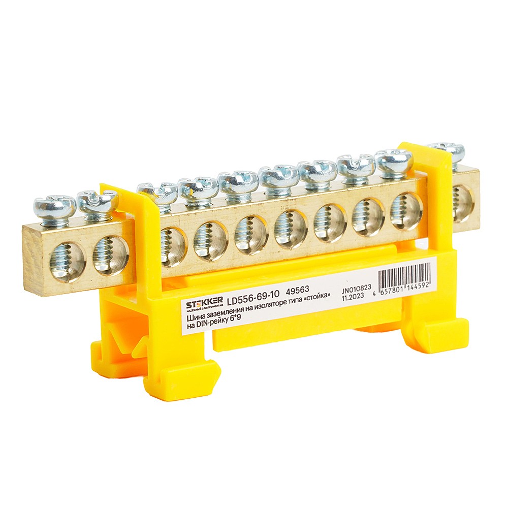 Шина PE на изоляторе 6*9 тип стойка на DIN-рейку 10 выводов Stekker LD556-69-10 49563