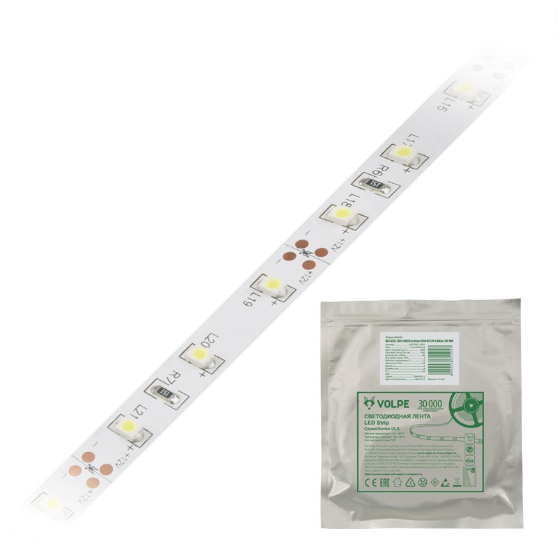 LED лента Volpe Uls-q321 ULS-Q321 2835-60LED/m-8mm-IP20-DC12V-4,8W/m-5M-DW катушка в герметичной упаковке
