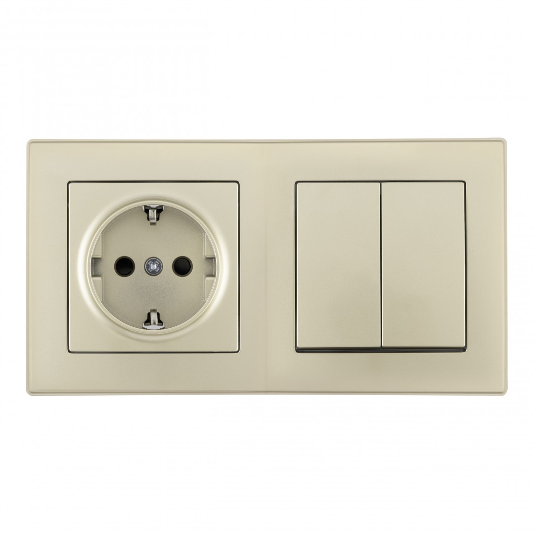 Выключатель двухклавишный с розеткой с заземлением и шторками Arte Milano Set06-2 SET06-2-30-2-40-1 shampan