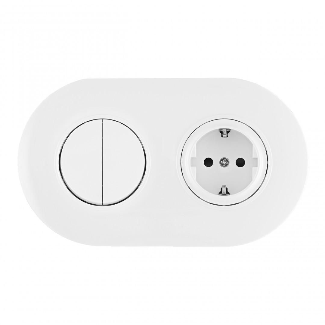 Выключатель круглый двухклавишный с розеткой с заземлением и шторками Arte Milano Set08-2 SET08-2-40-1-30-2 white